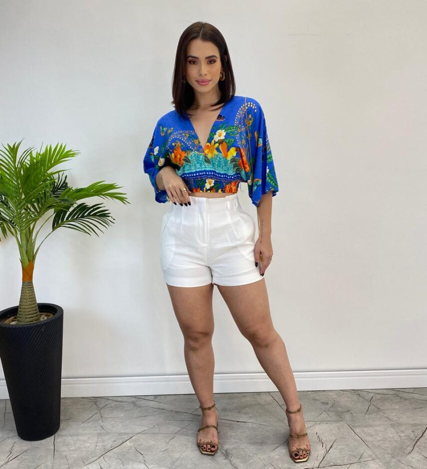 Cropped Feminino sem Bojo Estampado Azul com Amarração - Fernanda Ramos Store