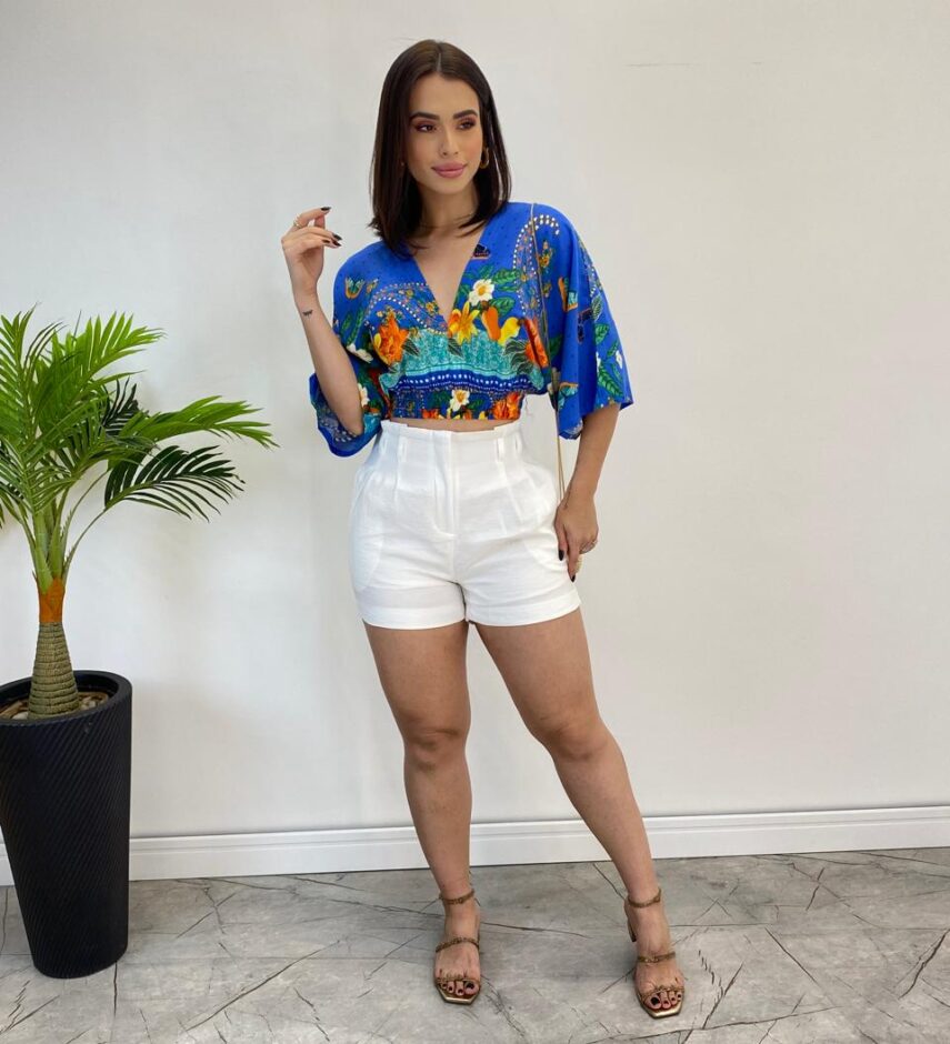 Cropped Feminino sem Bojo Estampado Azul com Amarração - Fernanda Ramos Store