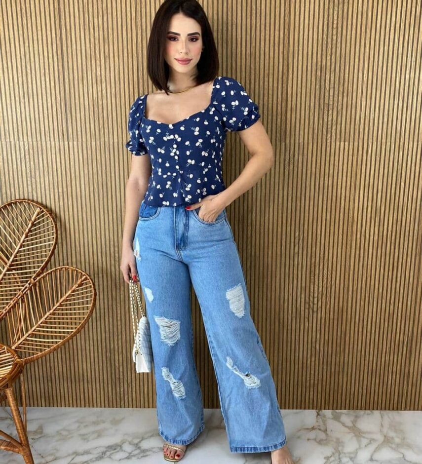 Cropped Feminino sem Bojo Floral Botões Falso Fernanda Ramos Store