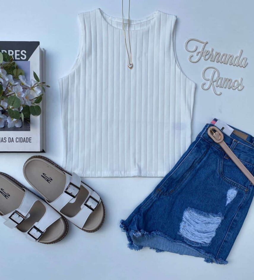 Cropped Branco Canelado de Malha - Fernanda Ramos Store