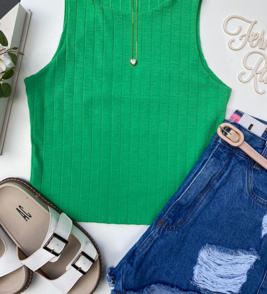 Cropped Feminino sem Bojo Malha Canelada Verde - Fernanda Ramos Store