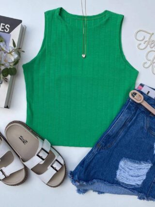 Cropped Feminino sem Bojo Malha Canelada Verde - Fernanda Ramos Store