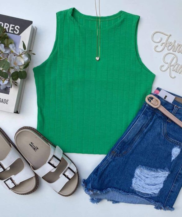 Cropped Feminino sem Bojo Malha Canelada Verde - Fernanda Ramos Store