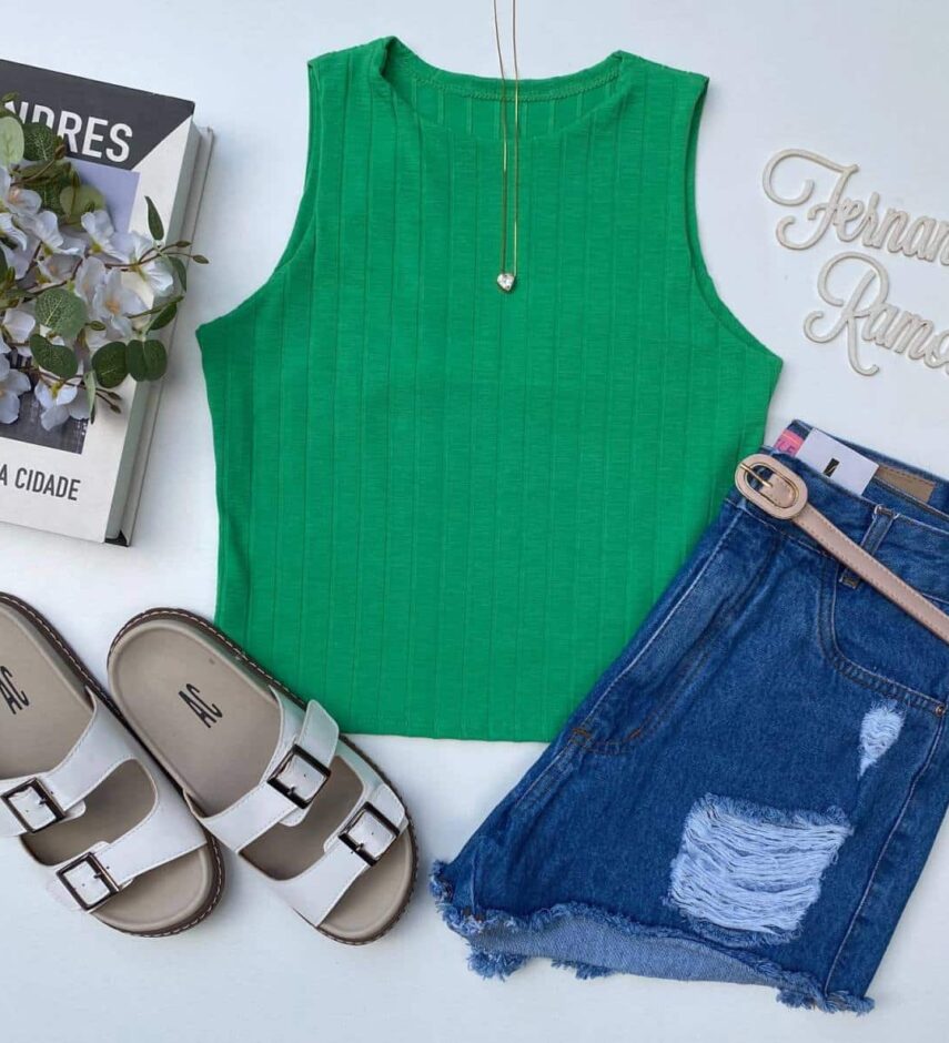 Cropped Feminino sem Bojo Malha Canelada Verde - Fernanda Ramos Store