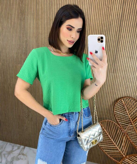 Cropped Feminino sem Bojo Manga Curta Malu Verde Fernanda Ramos Store