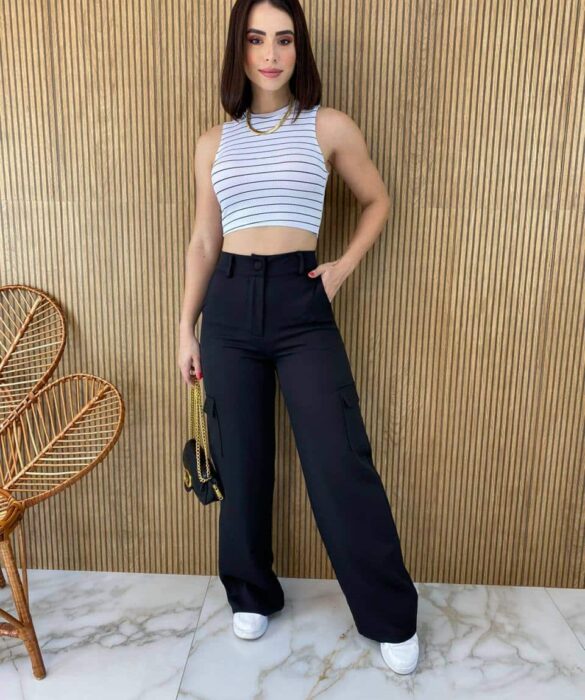 Cropped Feminino sem Bojo Preto e Branco Listrado - Fernanda Ramos Store