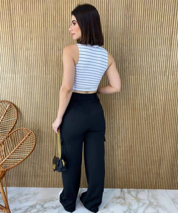 Cropped Feminino sem Bojo Preto e Branco Listrado - Fernanda Ramos Store