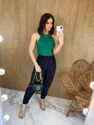 Cropped Feminino sem Bojo Tricot Detalhe Nuvem Verde - Fernanda Ramos Store