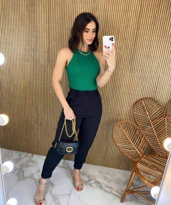 Cropped Feminino sem Bojo Tricot Detalhe Nuvem Verde - Fernanda Ramos Store