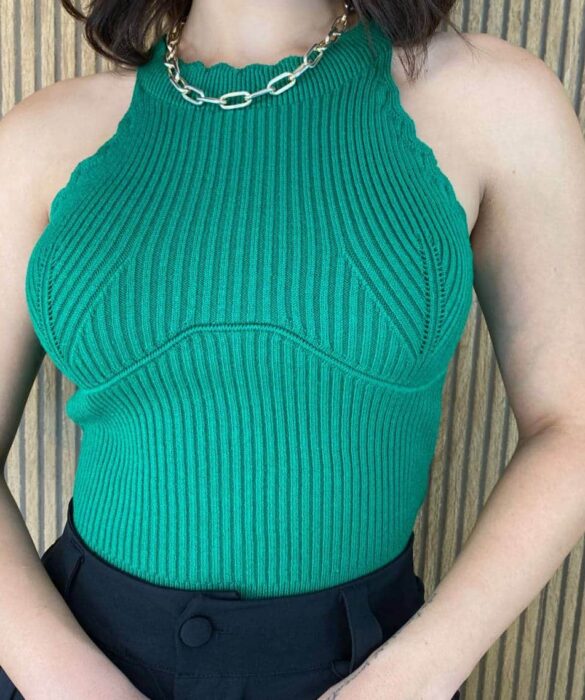 Cropped Feminino sem Bojo Tricot Detalhe Nuvem Verde - Fernanda Ramos Store