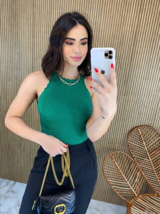 Cropped Feminino sem Bojo Tricot Detalhe Nuvem Verde - Fernanda Ramos Store