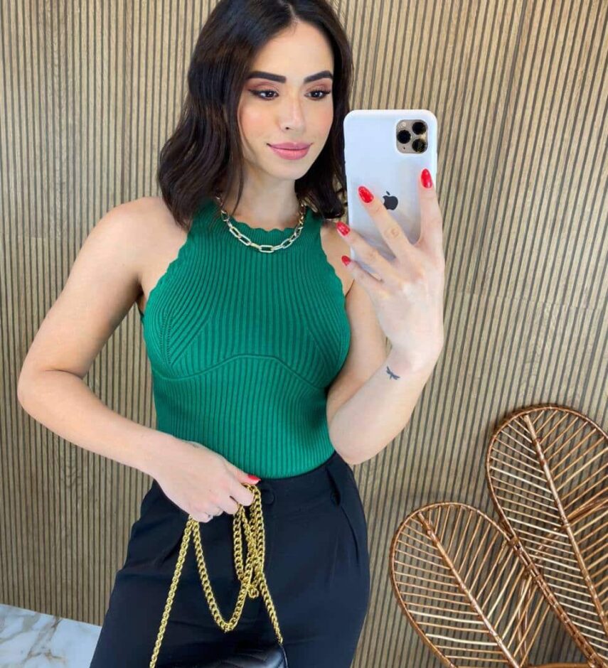 Cropped Feminino sem Bojo Tricot Detalhe Nuvem Verde - Fernanda Ramos Store