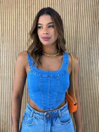 Cropped Feminino sem Bojo Zíper Atras Jeans - Fernanda Ramos Store