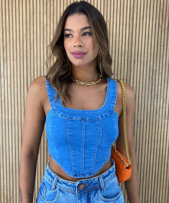 Cropped Feminino sem Bojo Zíper Atras Jeans - Fernanda Ramos Store