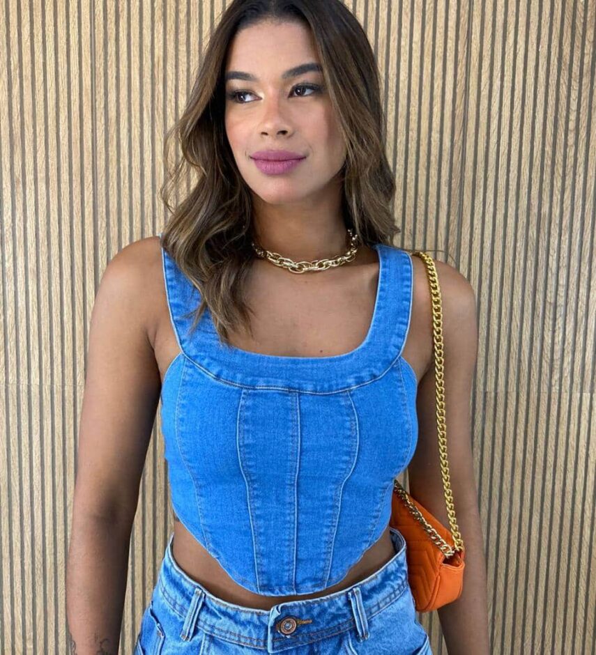 Cropped Feminino sem Bojo Zíper Atras Jeans - Fernanda Ramos Store