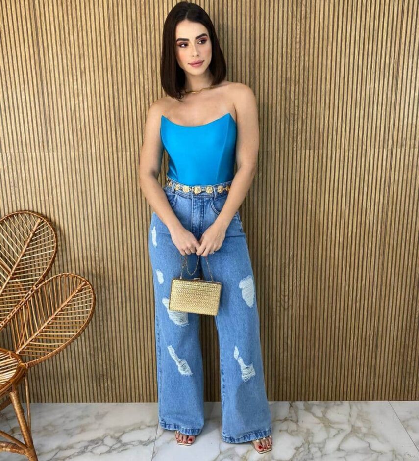 Cropped Feminino Tomara que Caia com Bojo Azul Metalizado - Fernanda Ramos Store