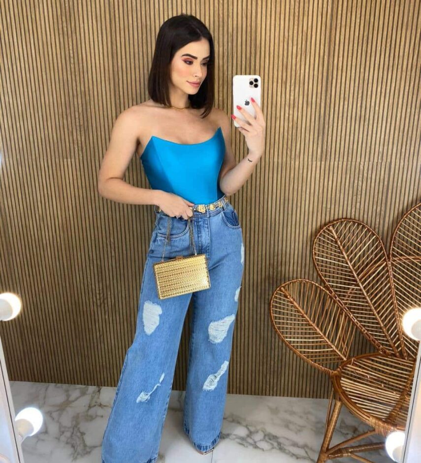 Cropped Feminino Tomara que Caia com Bojo Azul Metalizado - Fernanda Ramos Store