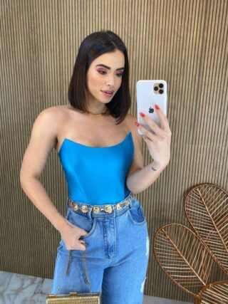 Cropped Feminino Tomara que Caia com Bojo Azul Metalizado - Fernanda Ramos Store