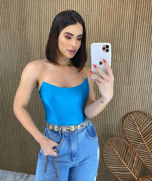 Cropped Feminino Tomara que Caia com Bojo Azul Metalizado - Fernanda Ramos Store