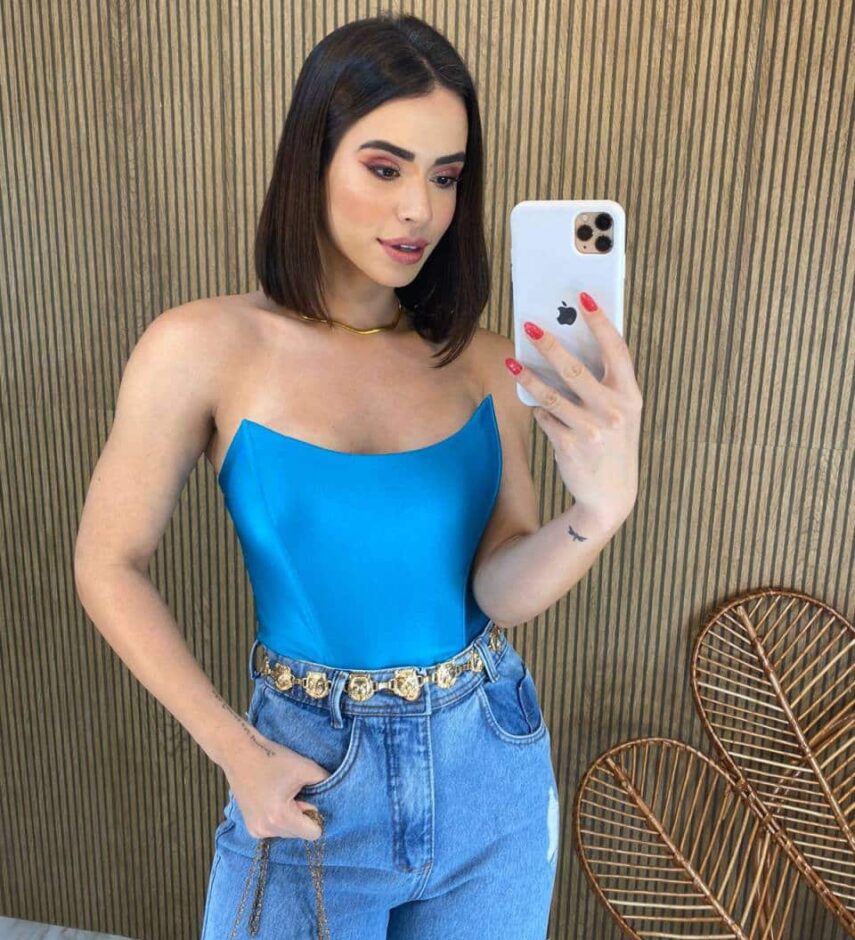 Cropped Feminino Tomara que Caia com Bojo Azul Metalizado - Fernanda Ramos Store