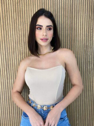 Cropped Feminino Tomara que Caia com Bojo Bege - Fernanda Ramos Store