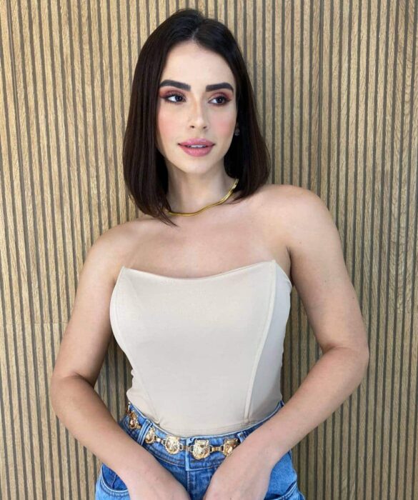 Cropped Feminino Tomara que Caia com Bojo Bege - Fernanda Ramos Store