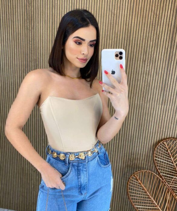 Cropped Feminino Tomara que Caia com Bojo Bege - Fernanda Ramos Store