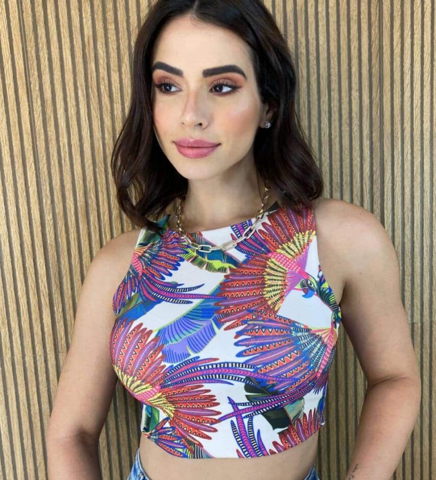 Cropped Regata sem Bojo Básico Estampa Pássaro Colorido - Fernanda Ramos Store
