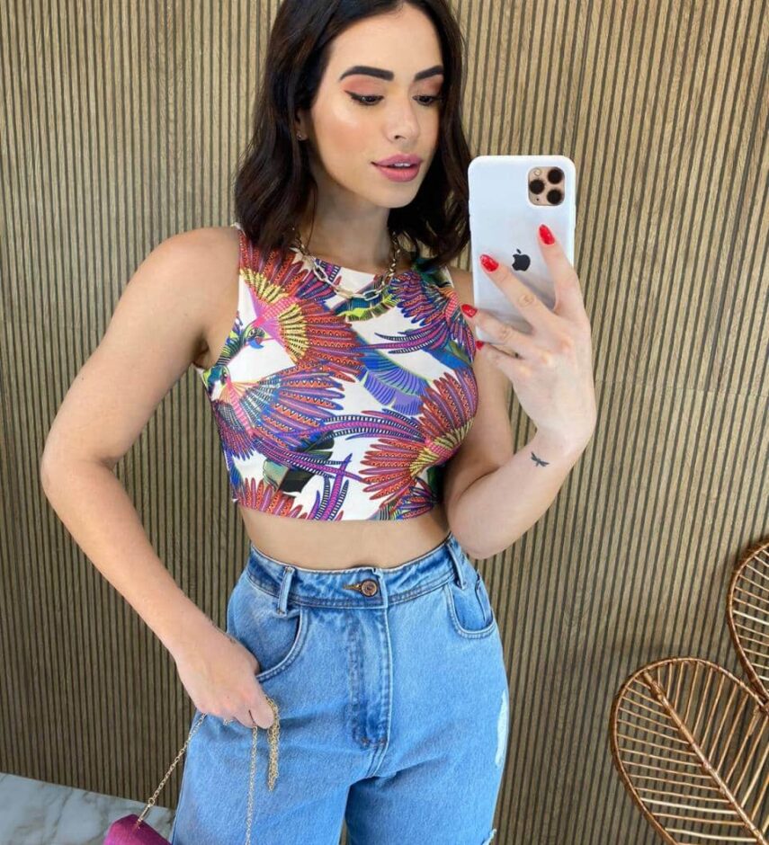 Cropped Regata sem Bojo Básico Estampa Pássaro Colorido - Fernanda Ramos Store