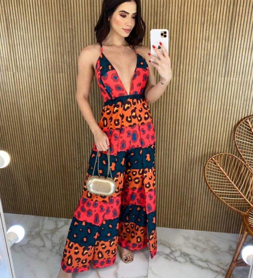 Macacão Feminino com Bojo e Amarração Animal Print - Fernanda Ramos Store