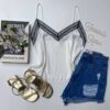 Regata Feminina Branca com Renda Preta Fernanda Ramos Store