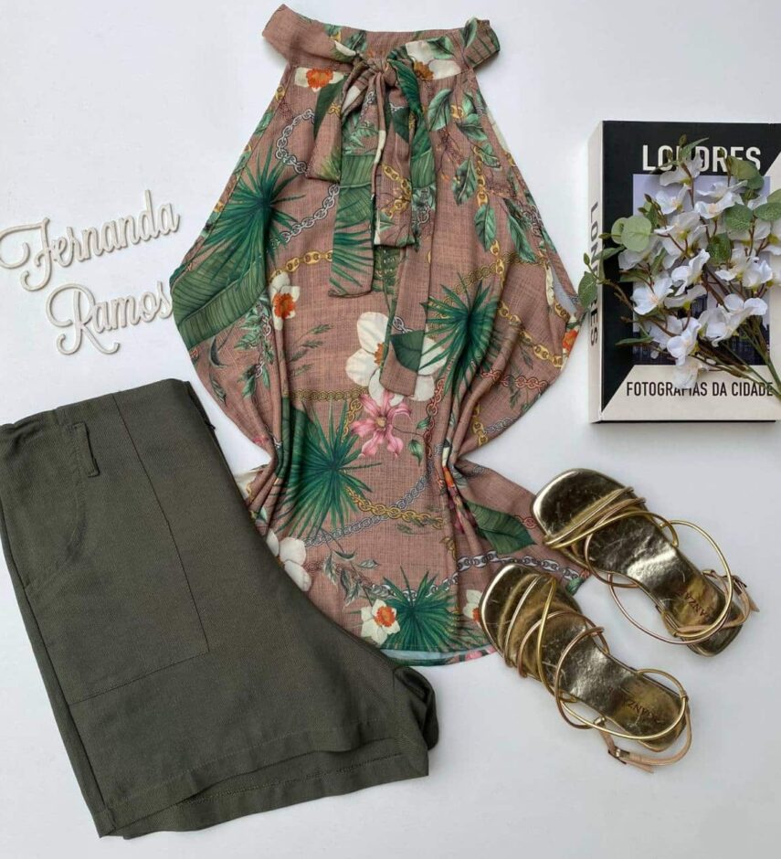 Regata Feminina Estampada Bege com Amarração Fernanda Ramos Store