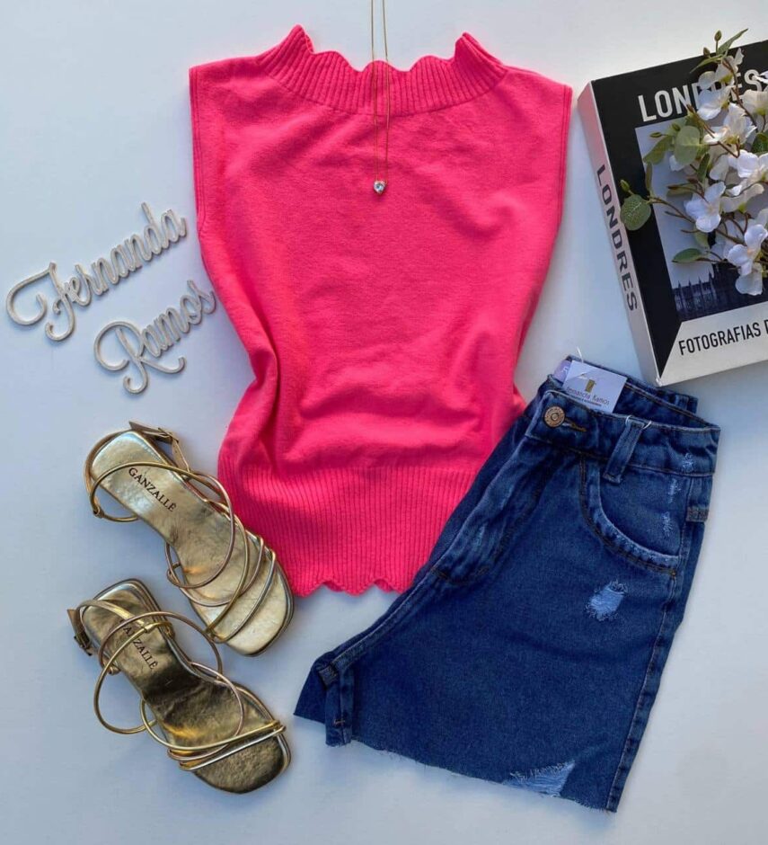Regata Feminina Tricot Gola Nuvem Pink Flúor Fernanda Ramos Store