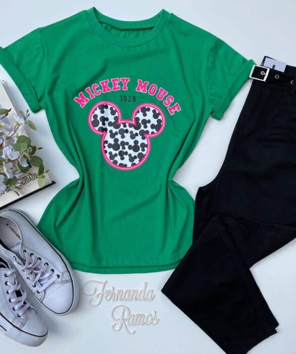 T-shirt Manga Curta Estampada em Pink Verde Fernanda Ramos Store