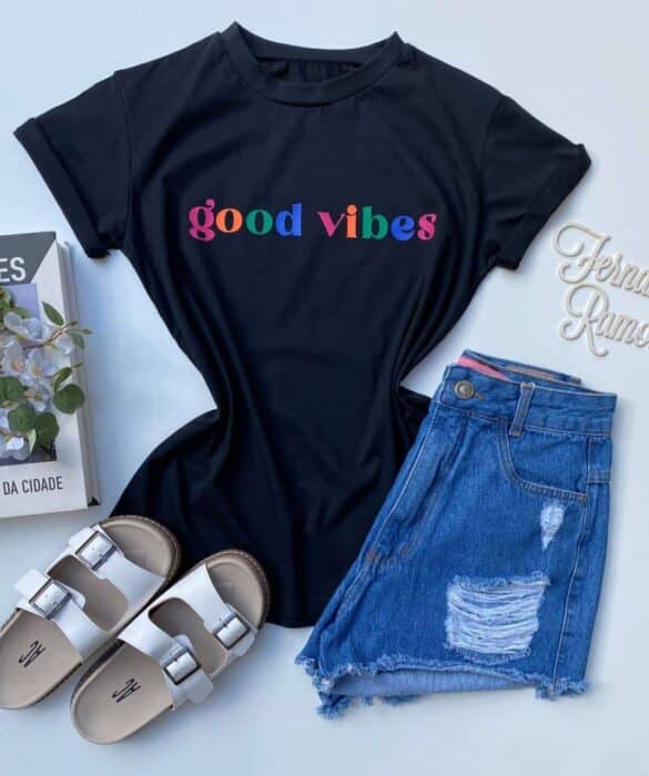 T-shirt Manga Curta Good Vibes Preta Fernanda Ramos Store