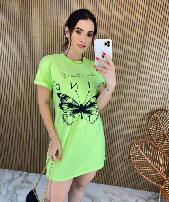 Vestido Camisetão Curto Borboleta Beautiful Mind Verde Neon Fernanda ramos store