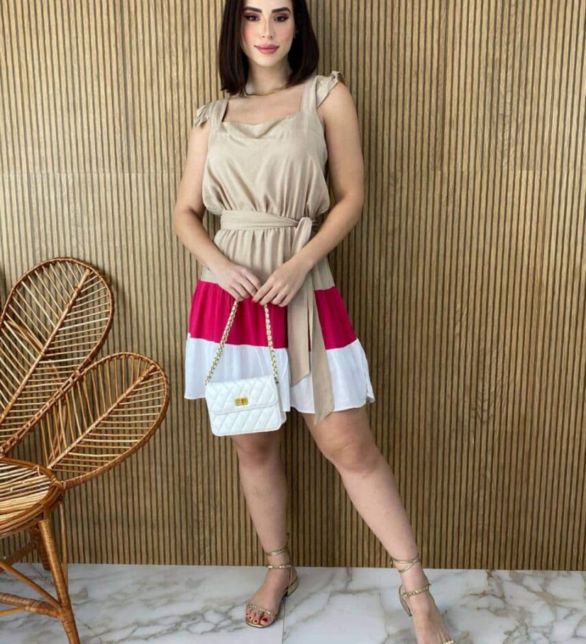 fernandaramosstore com br vestido curto feminino com amarracao bege com branco e pink 1