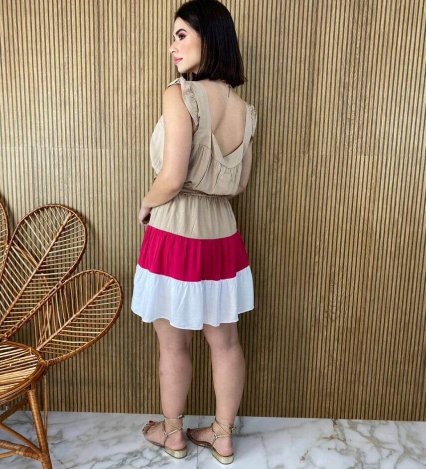 fernandaramosstore com br vestido curto feminino com amarracao bege com branco e pink 2