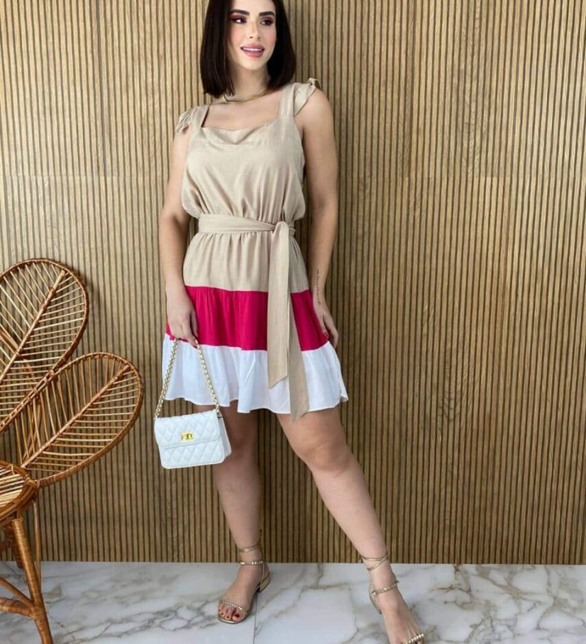 Vestido Curto Feminino com Amarração Bege com Branco e Pink Fernanda Ramos Store
