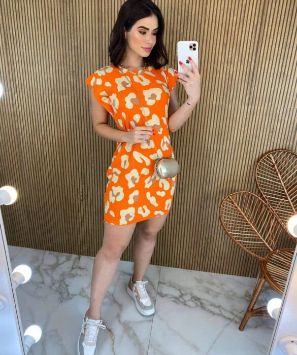 Vestido Curto Feminino Fundo Laranja Estampa Animal Print Bege - Fernanda Ramos Store