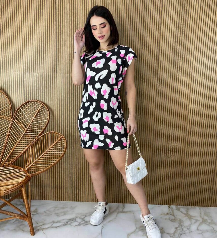 Vestido Curto Feminino Fundo Preto Estampa Animal Print Pink Fernanda Ramos Store