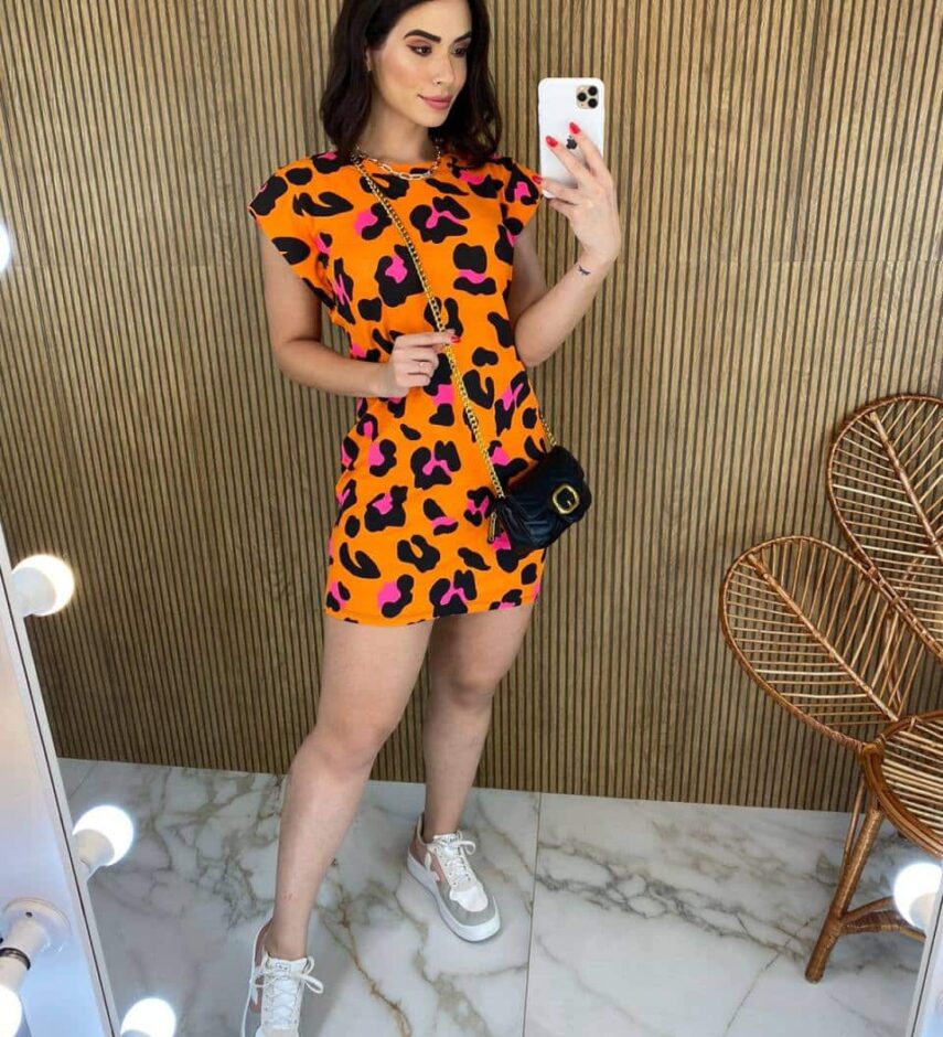 Vestido Curto Feminino Fundo Laranja Estampa Animal Print Pink - Fernanda Ramos Store