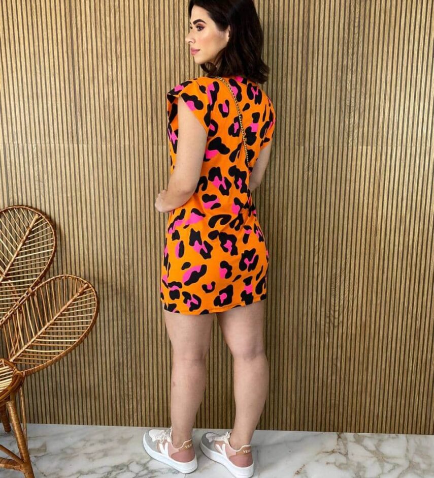 Vestido Curto Feminino Fundo Laranja Estampa Animal Print Pink - Fernanda Ramos Store