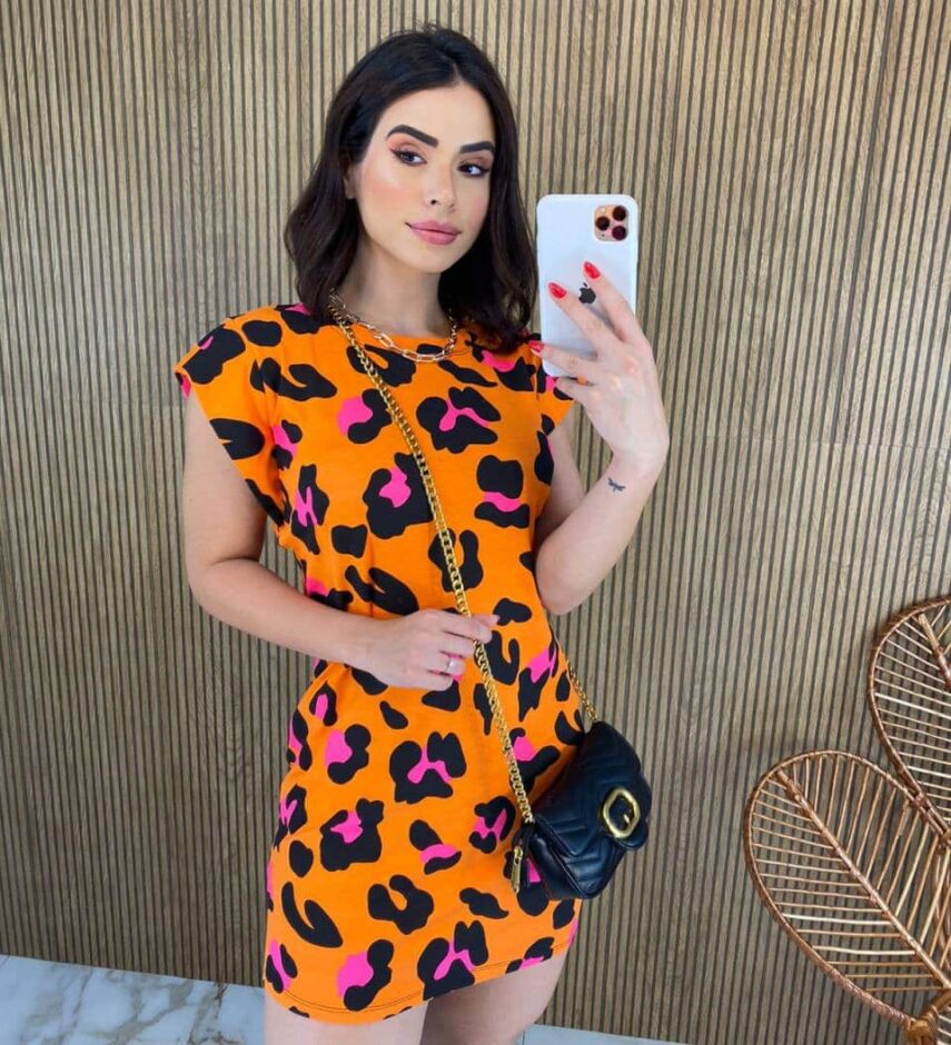 Vestido Curto Feminino Fundo Laranja Estampa Animal Print Pink - Fernanda Ramos Store
