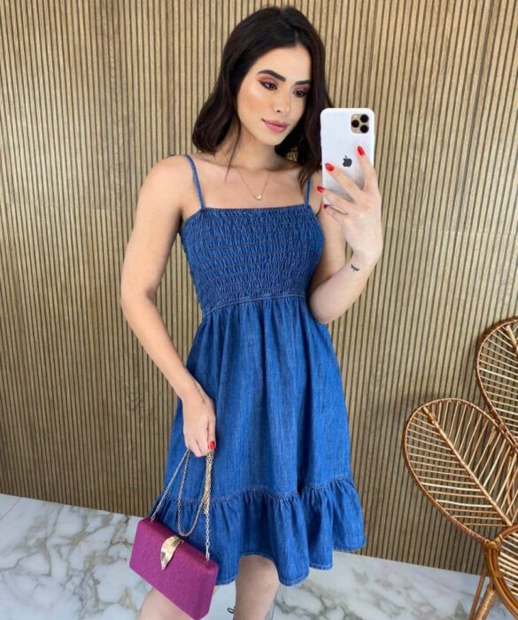 fernandaramosstore com br vestido curto jeans com lastex e amarracao nas alcas 2