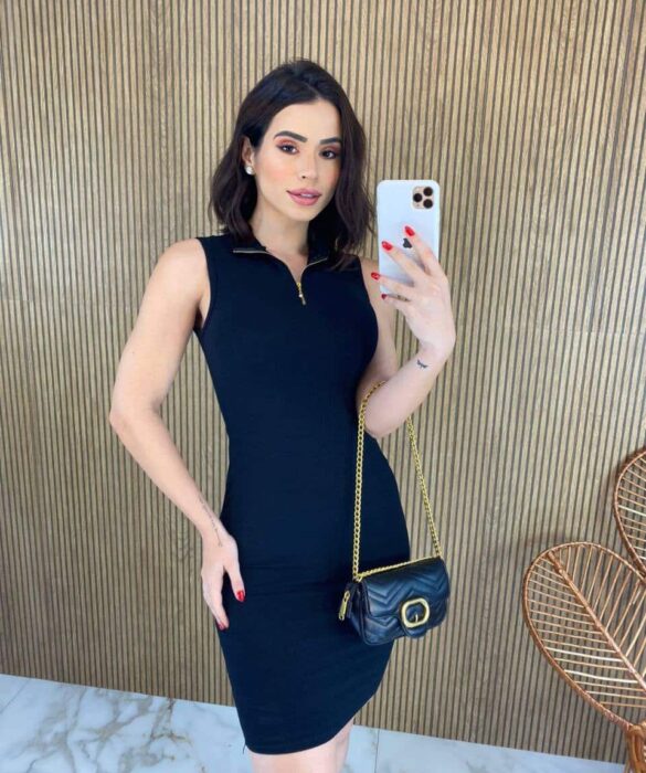 Vestido Curto sem Bojo Canelado com Detalhe de Ziper Preto fernanda ramos store