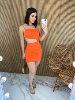 Vestido Curto sem Bojo Nula Manga com Abertura Laranja - Fernanda Ramos Store