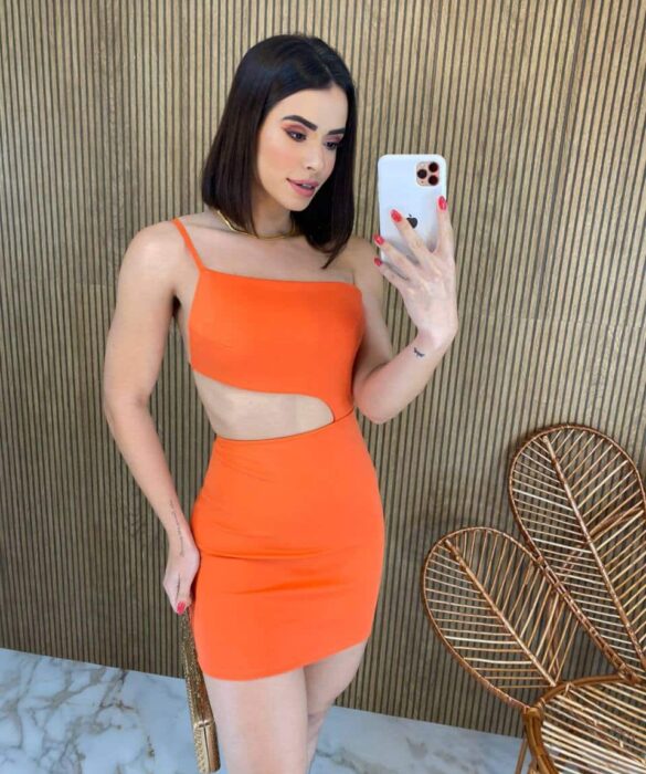 Vestido Curto sem Bojo Nula Manga com Abertura Laranja - Fernanda Ramos Store