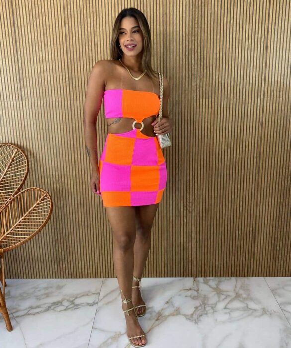 Vestido Curto Tomara que Caia Pink e Laranja Flúor Fernanda Ramos Store