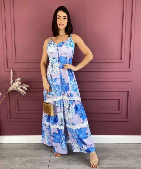 Vestido Feminino Longo Alça Regulável Estampa Flores Azul Fernanda Ramos Store